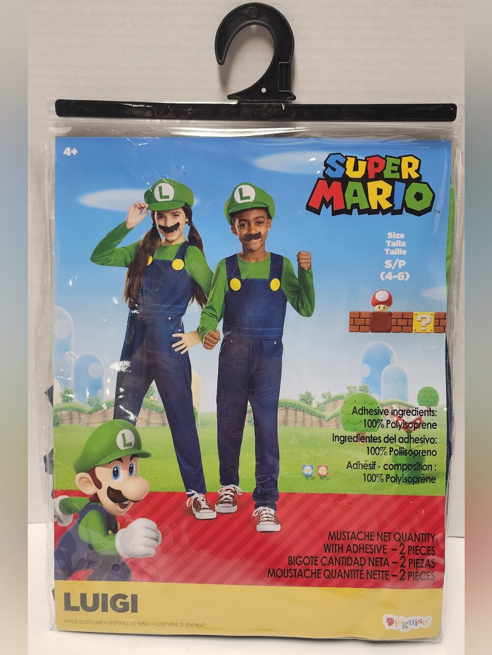 S (4-6) LUIGI Kids Super Mario Bros HALLOWEEN COSTUME Jumpsuit Hat Mustache New